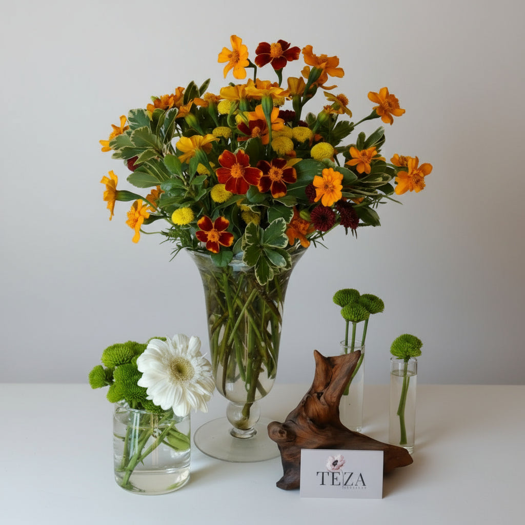 Bouquet of flowers with a vase on a table against a beige wall